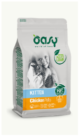 Crocchette per gatti Oasy Kitten Pollo di AGRIAPPIA, confezione con gattino e cibo umido a base di pollo.
