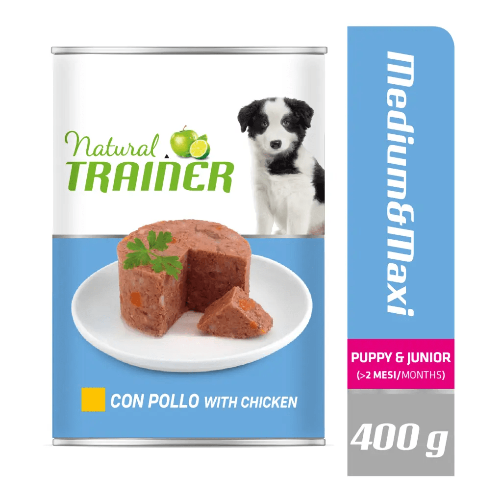 Cibo umido Natural Trainer Mantenimento M&M Puppy&Junior con pollo per cani giovani, in scatola con etichetta colorata AGRIAPPIA