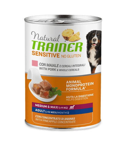 Cibo umido per cani Natural Trainer NO GLUTEN M&M ADULT MAIALE, confezione grande con etichetta AGRIAPPIA.