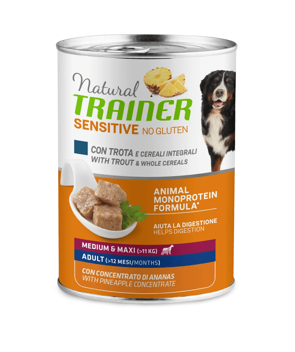 Tratta umida per adulti Natural Trainer NO GLUTEN M&M di AGRIAPPIA, con trota fresca e ingredienti naturali per cani.