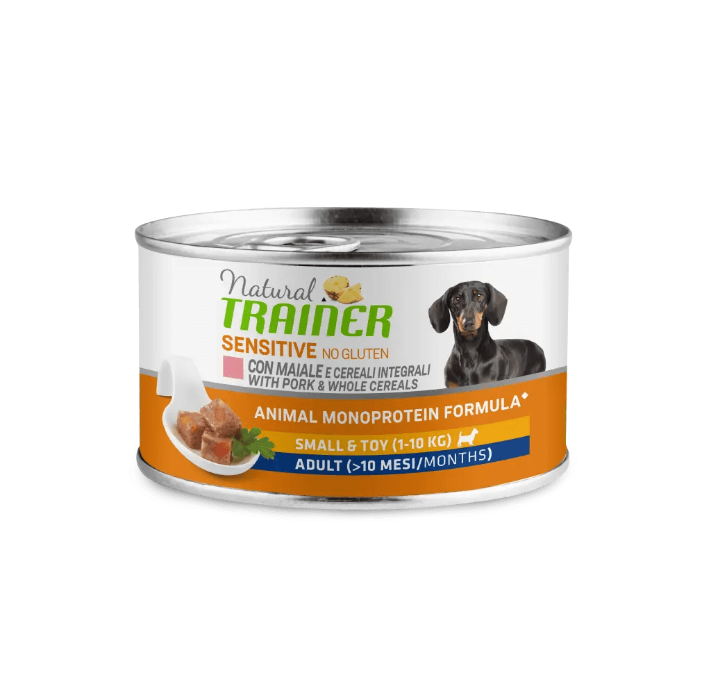 Cibo umido per cani adulti Natural Trainer senza glutine di maiale, confezione grande, prodotto AGRIAPPIA.