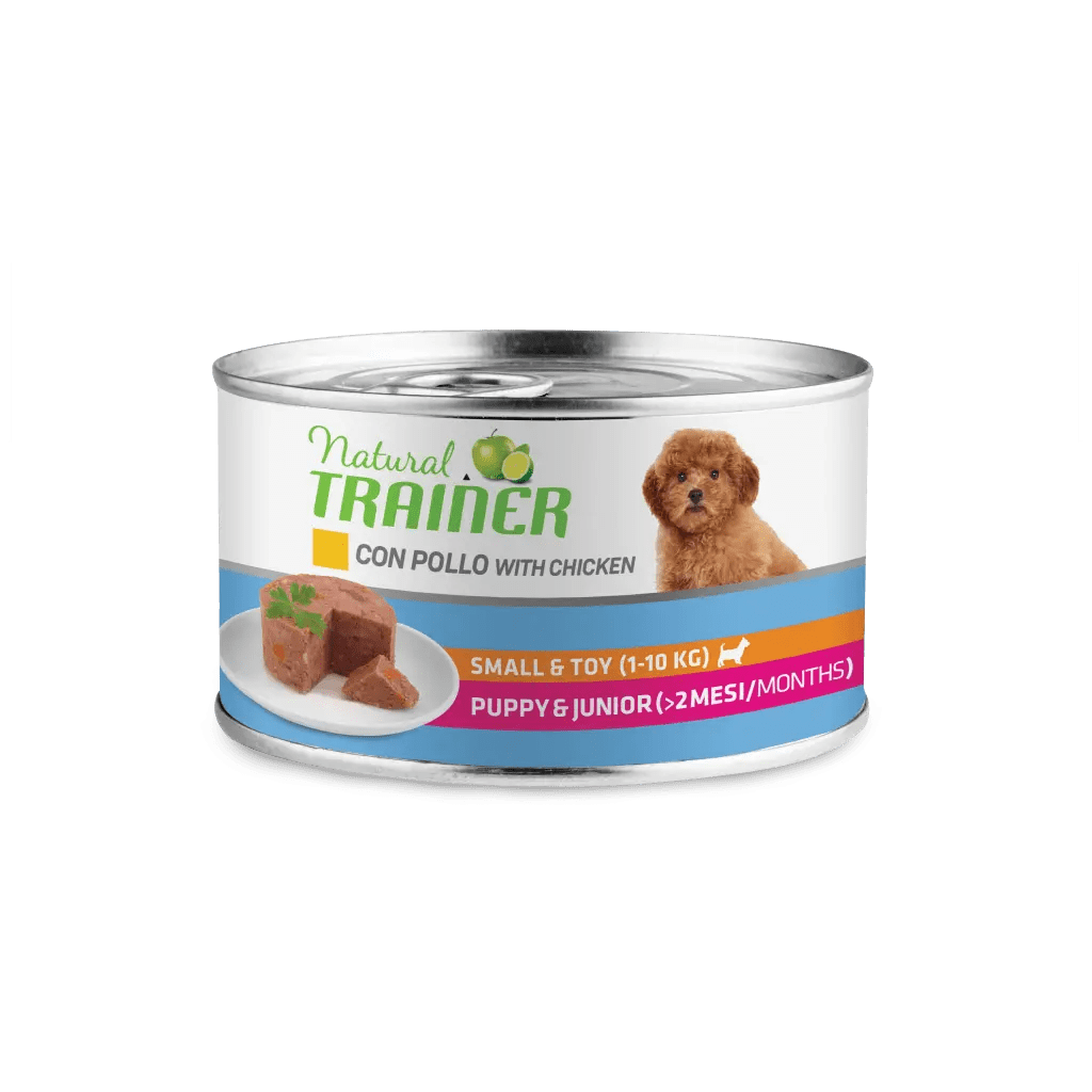 Cibo umido per cuccioli e giovani Natural Trainer Mantenimento S&T Pollo di AgriaPpia, confezione grande con scatola di cibo per cani.