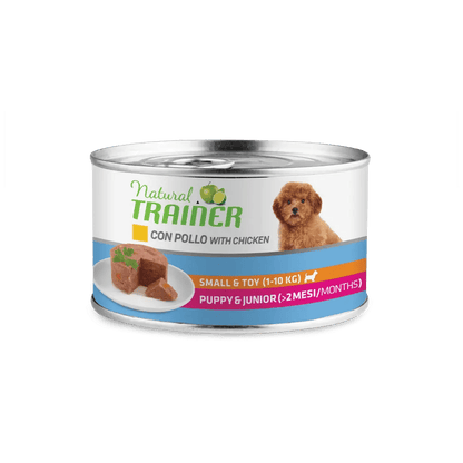 Cibo umido per cuccioli e giovani Natural Trainer Mantenimento S&T Pollo di AgriaPpia, confezione grande con scatola di cibo per cani.