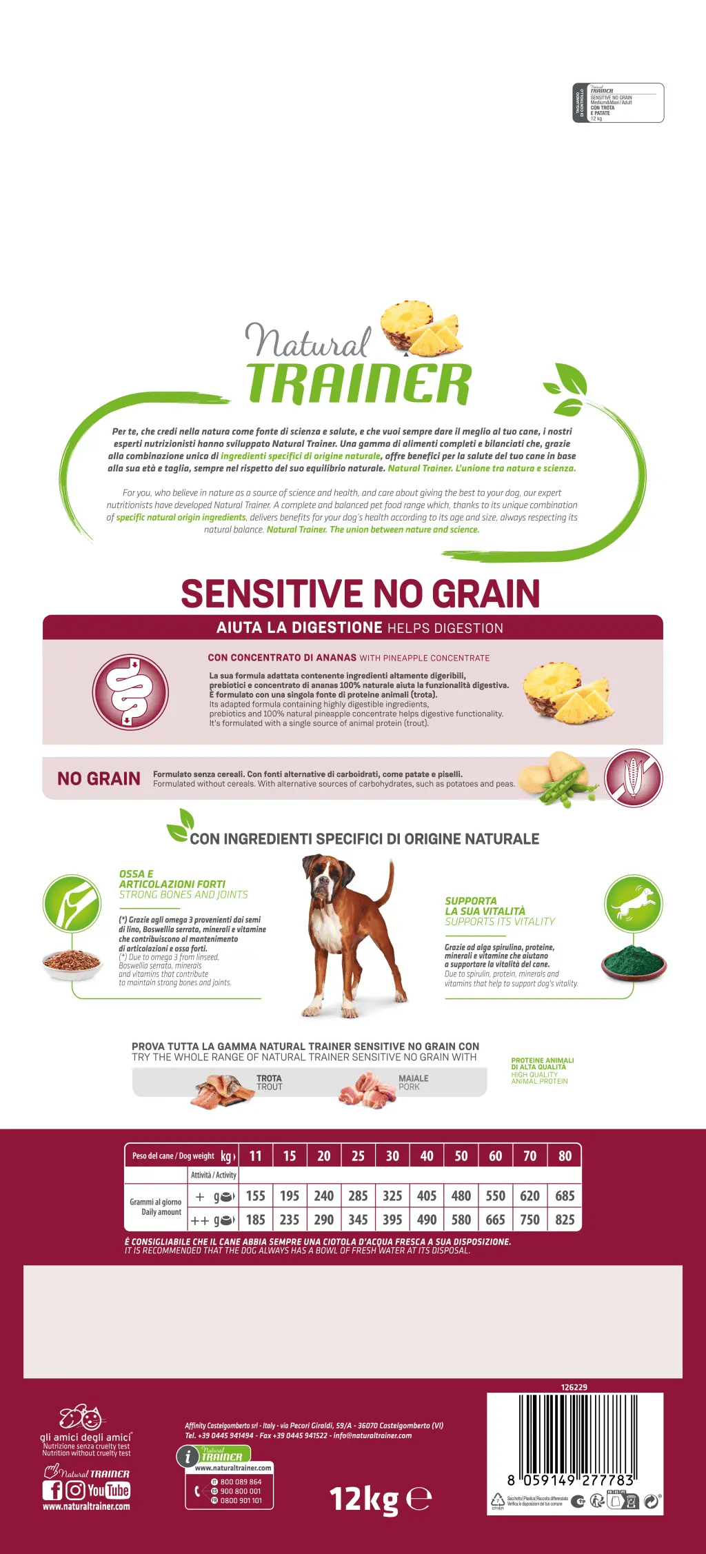 Crocchette per cani adulti Natural Trainer NO GRAIN M&M Trota di AGRIAPPIA, alimento naturale senza cereali con trota.