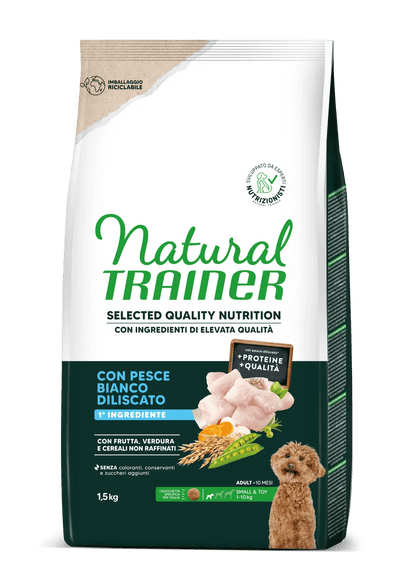 Crocchette per cani adulti Natural Trainer di AgriAppia con pesce bianco diliscato, alimento di alta qualità per cani di taglia mini