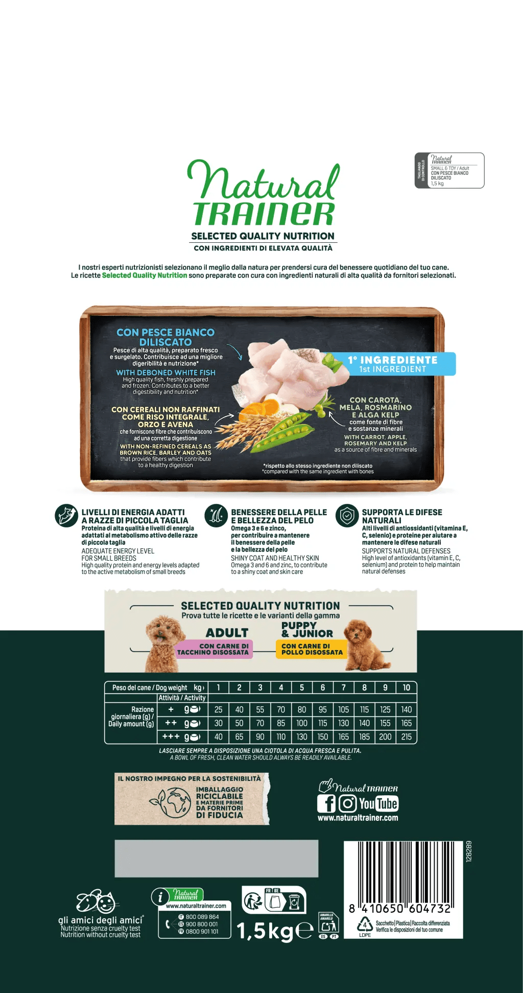 Crocchette per cani adulti Mini con pesce bianco diliscato, Natural Trainer di AGRIAPPIA, alimentazione naturale e di qualità.