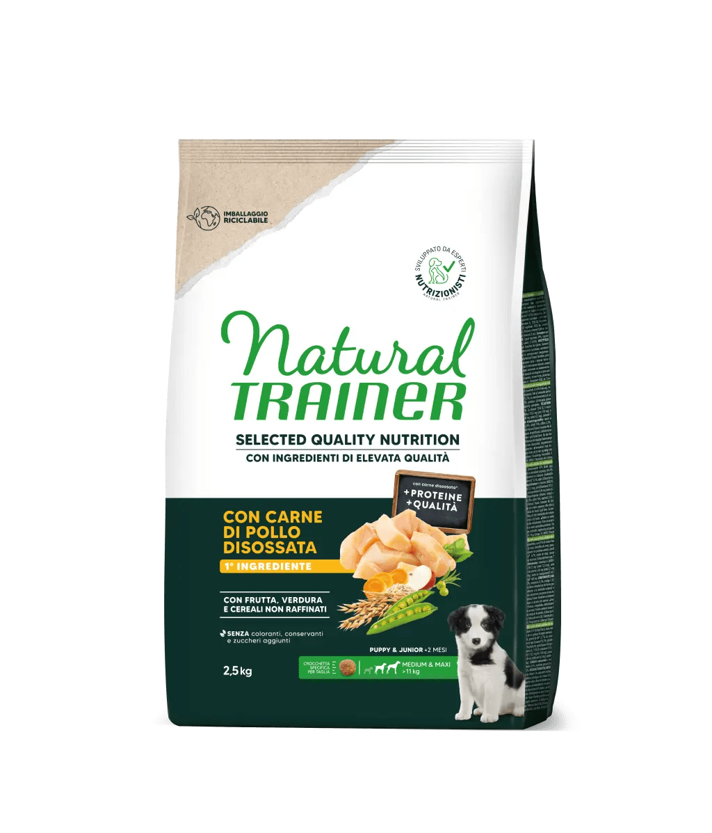 Crocchette per cuccioli di taglia media MAXI con pollo, Natural Trainer di AGRIAPPIA, alimento completo per cani giovani.