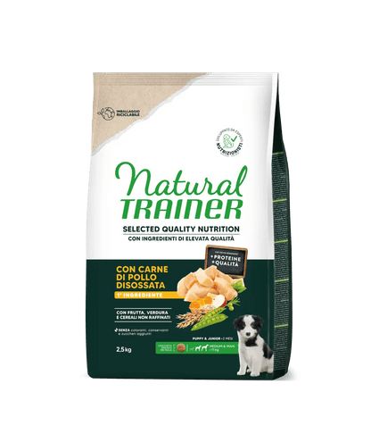 Crocchette per cuccioli di taglia media MAXI con pollo, Natural Trainer di AGRIAPPIA, alimento completo per cani giovani.