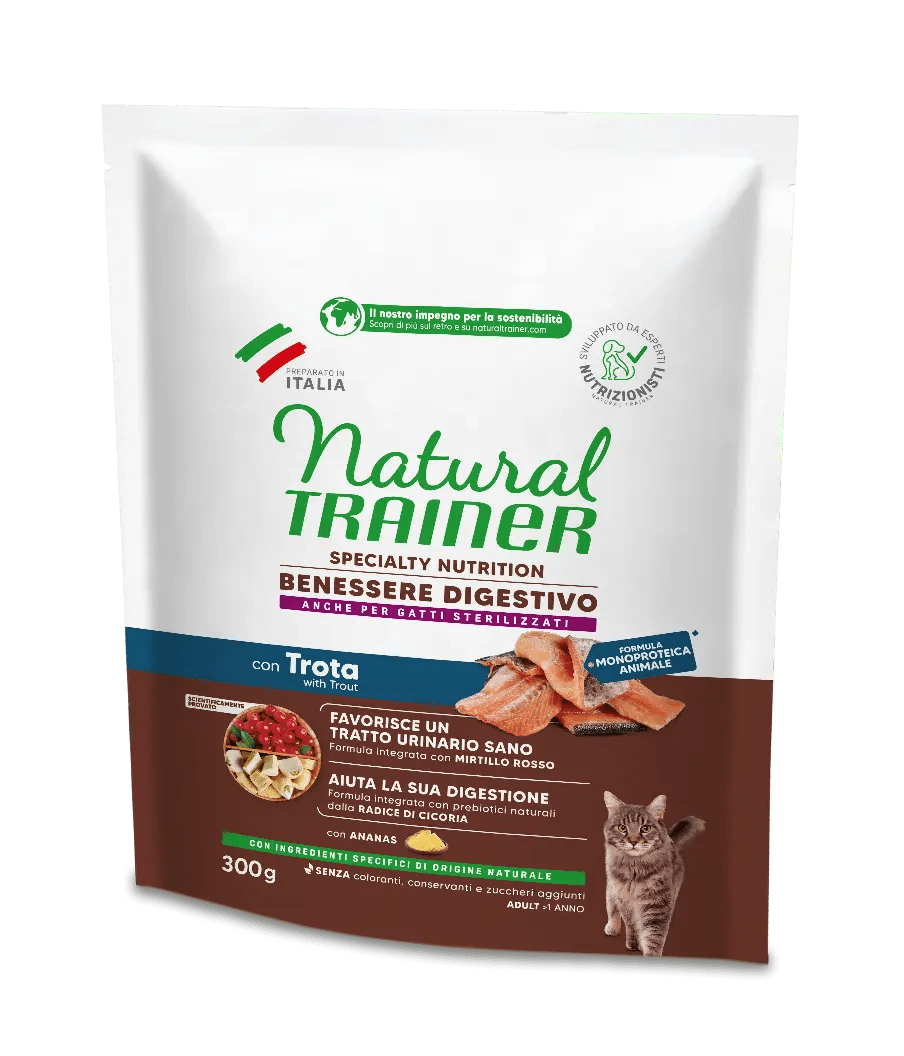 Integratore alimentare Benessere Digestivo AgriaPpia con trota, formula monoprotica e naturale per la salute digestiva animale.