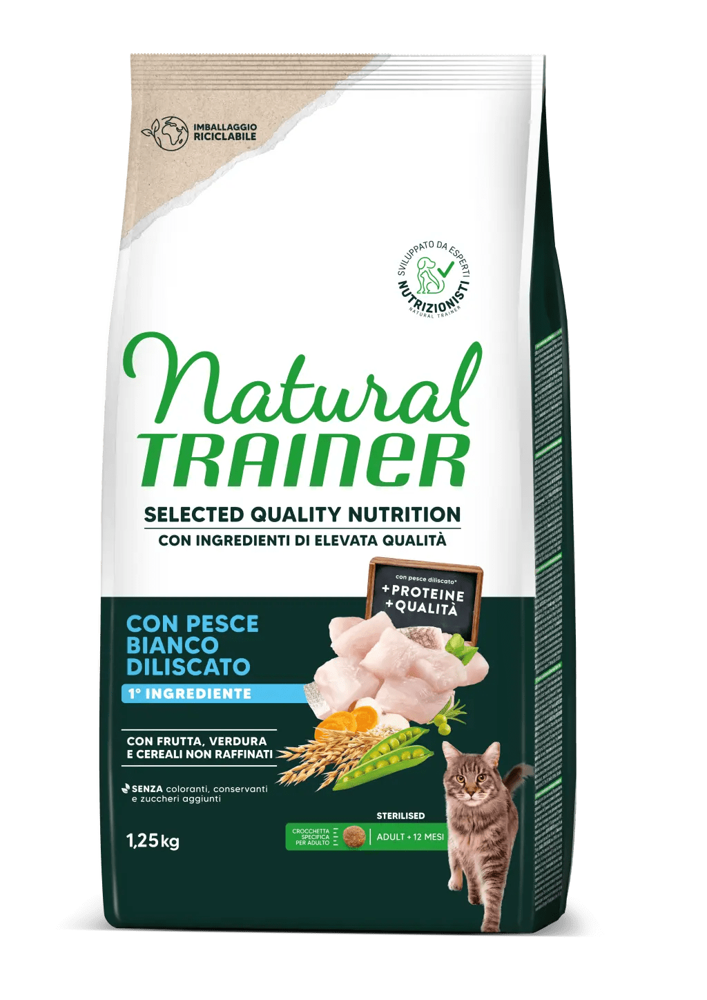Cibo secco per gatti adulti sterilizzati con pesce bianco diliscato, marca Selected Quality Nutrition, in sacchetto da 3 kg