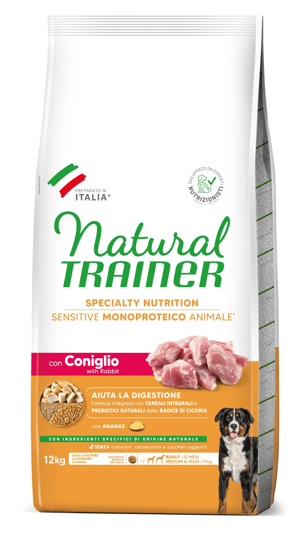 Crocchette per cani adulti sensibili, monoproteico con coniglio e cereali integrali, di Natural Trainer da AGRIAPPIA, senza glutine.
