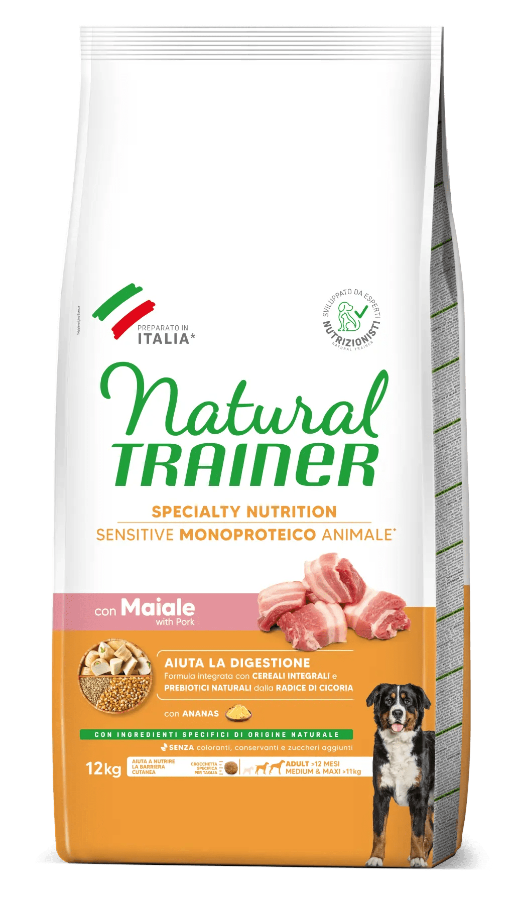 Alimento naturale per cani AGRIAPPIA Natural Trainer Sensitive con maiale, cereali integrali, senza glutine, per adulti di taglia media e maxi