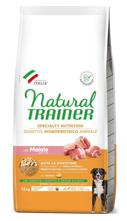 Alimento naturale per cani AGRIAPPIA Natural Trainer Sensitive con maiale, cereali integrali, senza glutine, per adulti di taglia media e maxi