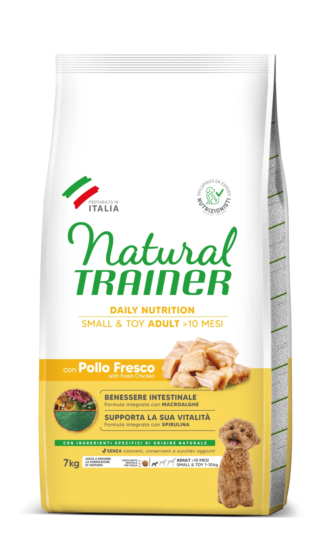 Crocchette per cani Natural Trainer Daily Nutrition Small & Toy con pollo fresco, alimento per cani adulti, confezione grande.