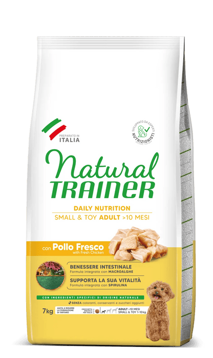 Crocchette per cani Natural Trainer Daily Nutrition Small & Toy con pollo fresco, alimento per cani adulti, confezione grande.
