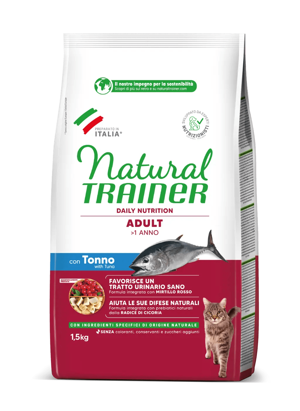 Alimento per adulti DAILY NUTRITION con tonno di AgriAppia, confezione da 1,5 kg, con ingredienti nutrienti e naturale.