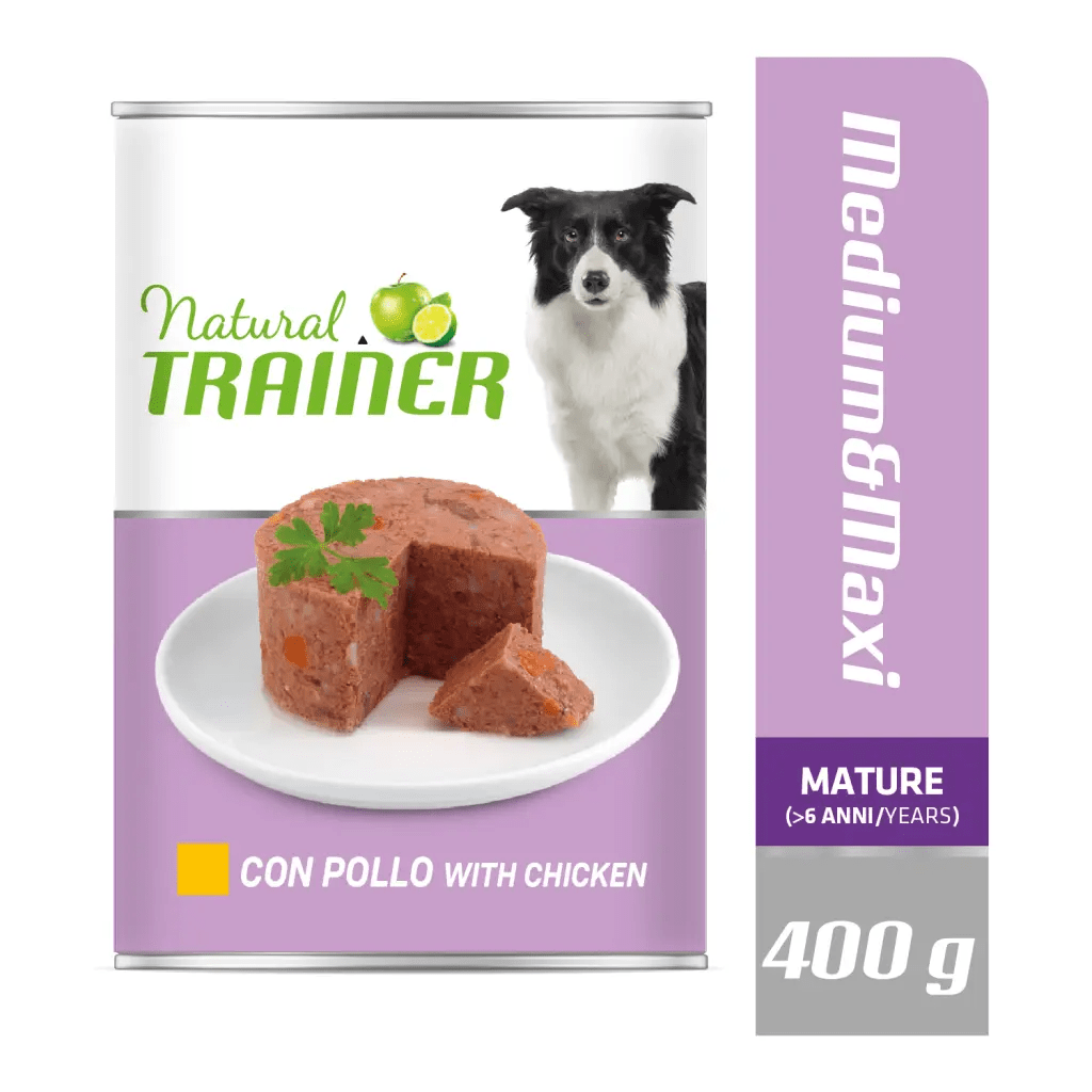 Alimento umido Natural Trainer Mantenimento M&M Maturi Pollo di AgriaPpia, ciotola con pollo umido per cani adulti.