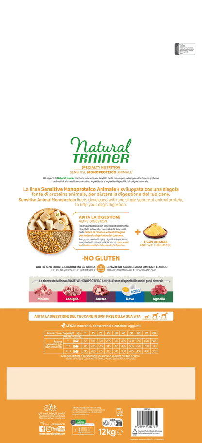 Crocchette per cani AGRIAPPIA Natural Trainer Sensitive Monoproteico con salmone e cereali integrali, ideale per cani adulti sensibili.