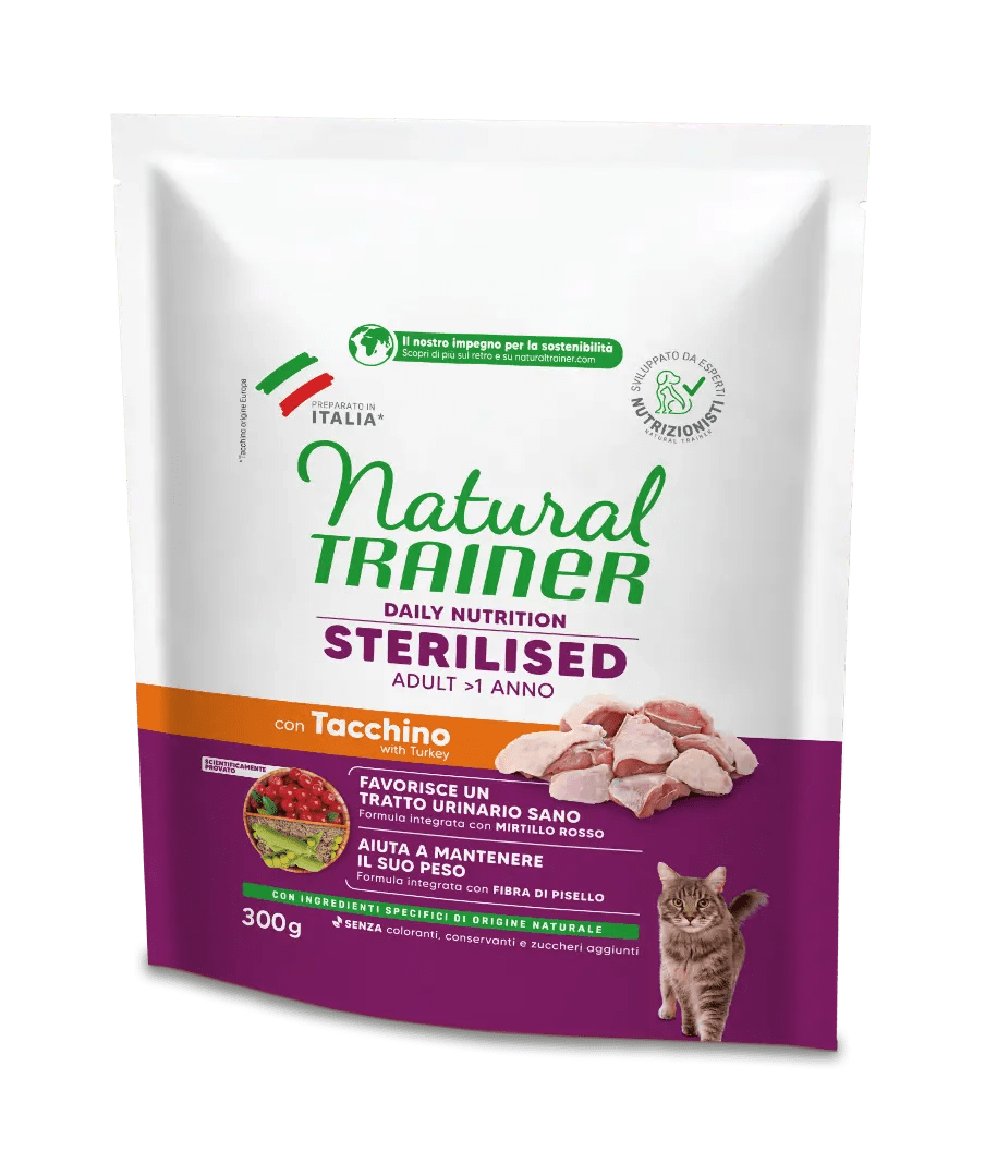 Cibo umido per gatti adulti AgriaPpia DAILY NUTRITION con tacchino, alimento sterilizzato e nutriente in scatola.