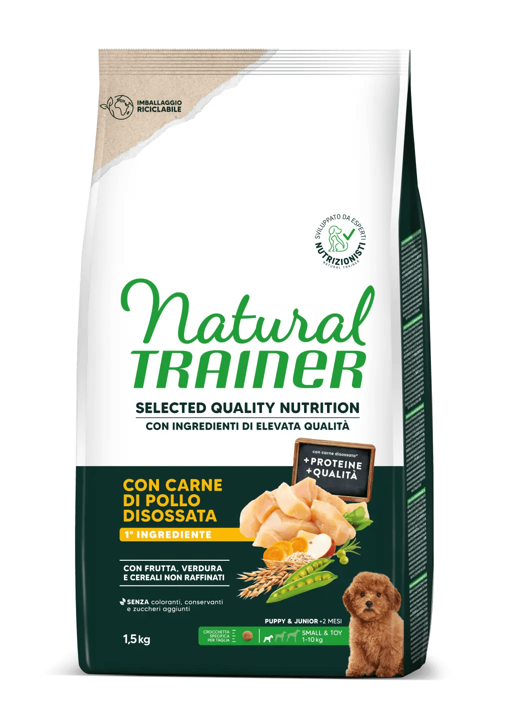 Crocchette per cuccioli mini Natural Trainer di AGRIAPPIA con pollo, alimenti di alta qualità per cani giovani.