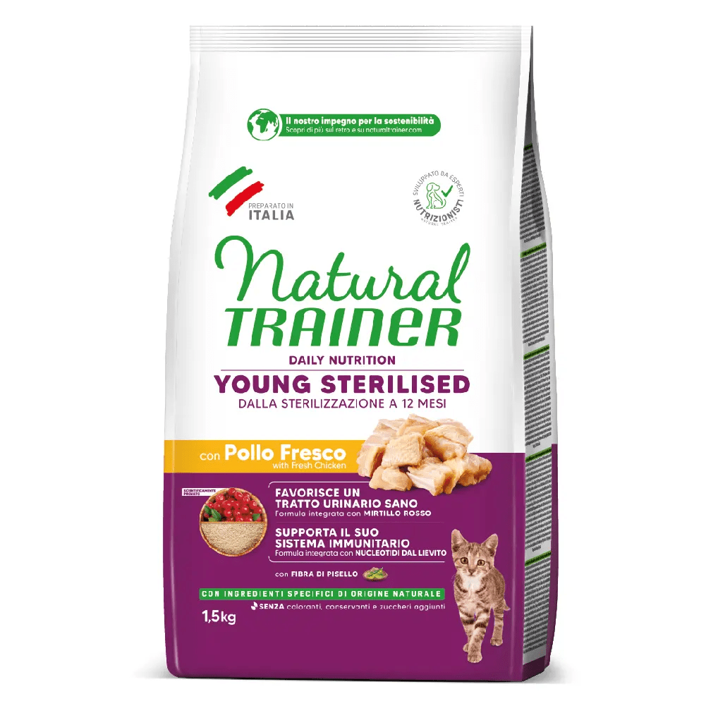 Alimento Daily Nutrition Young Sterilised con pollo fresco, cibo per gatti sterilizzati, prodotto dall'azienda AgriaPpia.