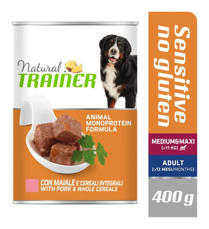 Cibo umido per cani Natural Trainer NO GLUTEN M&M alimenti per adulti con carne di maiale, confezione grande, AGRIAPPIA