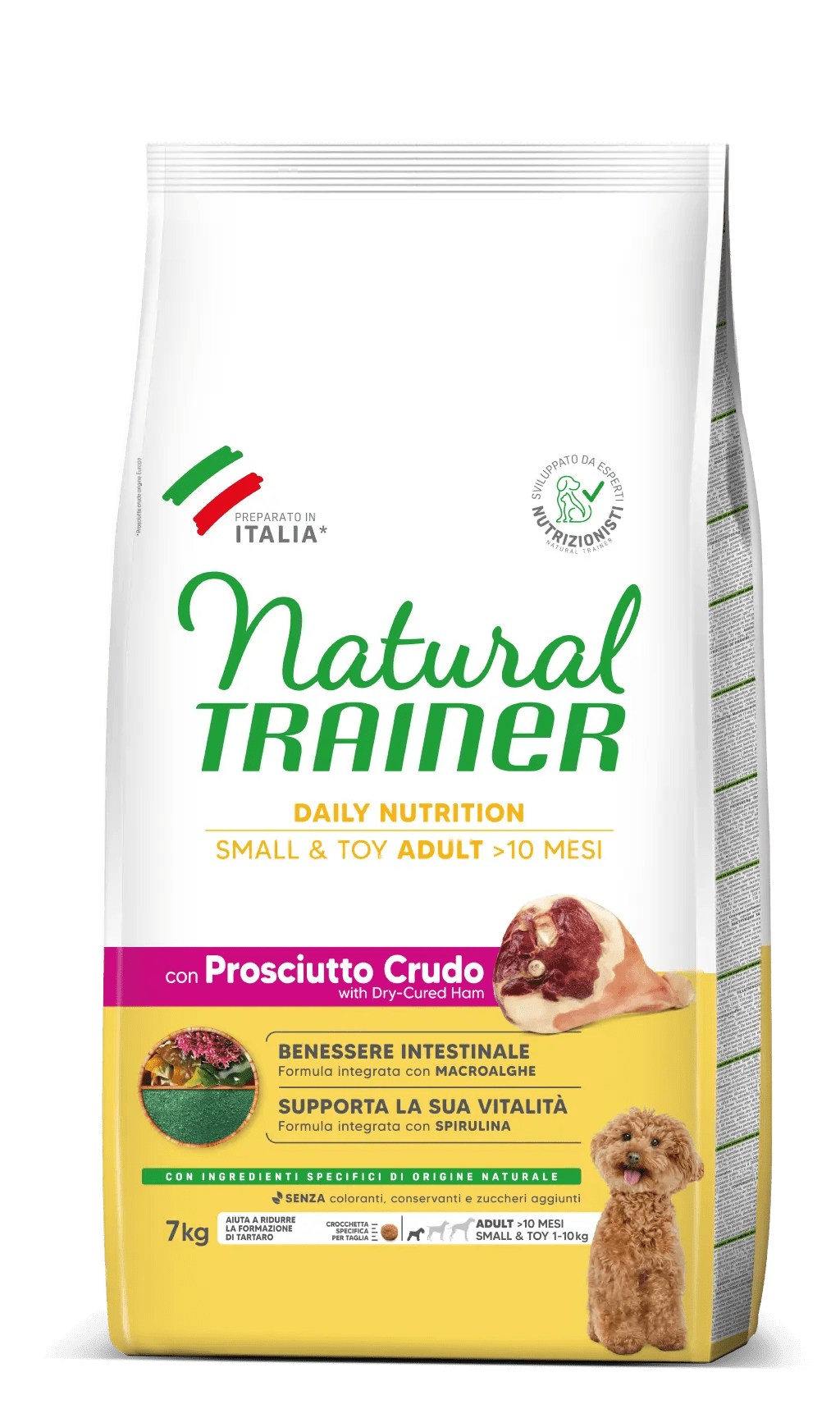 Trainer naturale AGRIAPPIA DAILY NUTRITION Small & Toy con prosciutto crudo, immagine di un prodotto alimentare per animali adulti