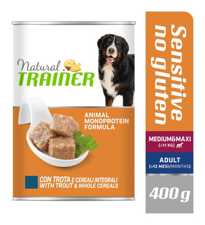 Crocchette per cani Natural Trainer NO GLUTEN M&M TROTA UMIDO di AgriAppia, confezione grande, con trutta umida naturale.