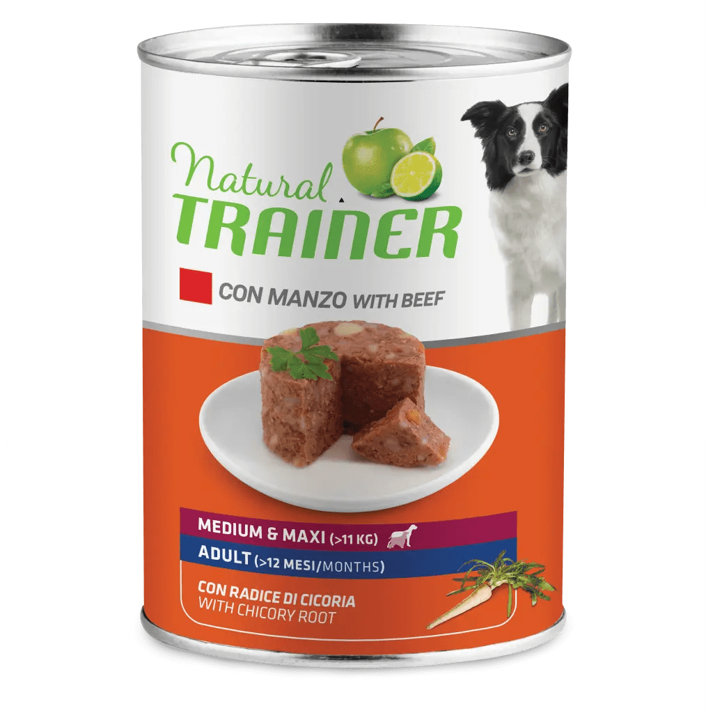 Cibo umido per cani AGRIAPPIA Natural Trainer Mantenimento M&M con carne di manzo in scatola, visibile in immagine.