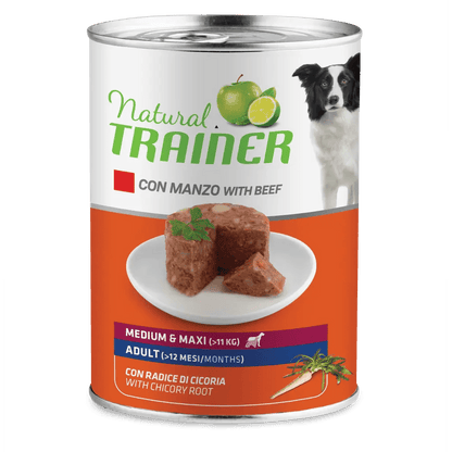 Cibo umido per cani AGRIAPPIA Natural Trainer Mantenimento M&M con carne di manzo in scatola, visibile in immagine.