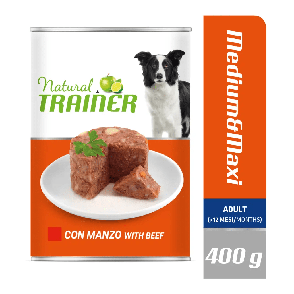 Crocchette per cani AgriaPpia Natural Trainer Mantenimento M&M Manzo umido in scatola, alimento naturale per adulti.