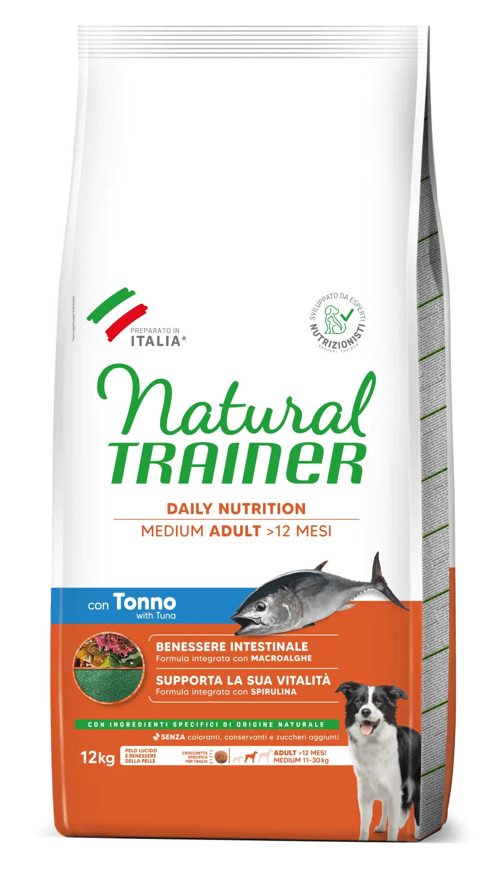 Natural Trainer Daily Nutrition Medium adult con tonno, cibo per cani AgriaPpia, con ingredienti naturali e tonno in confezione grande