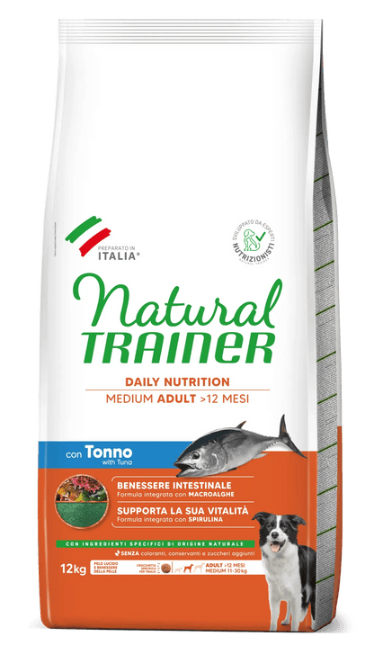 Natural Trainer Daily Nutrition Medium adult con tonno, cibo per cani AgriaPpia, con ingredienti naturali e tonno in confezione grande