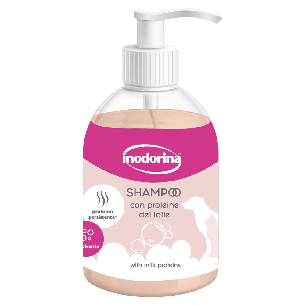 Shampoo addolcente AGRIAPPIA con proteine del latte, 300ml, bottiglia con etichetta e latte fresco visibile.