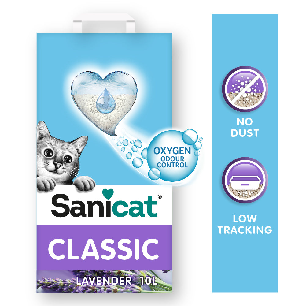 Sabbia per gatti Sanicat Classic Lavanda di AGRIAPPIA, con aroma di lavanda, visibile nella confezione.