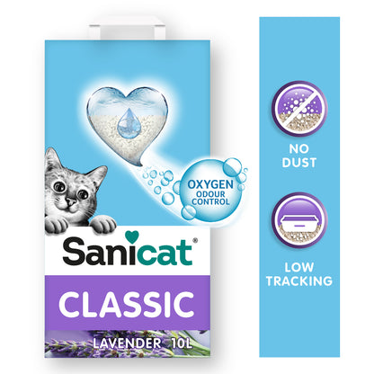 Sabbia per gatti Sanicat Classic Lavanda di AGRIAPPIA, con aroma di lavanda, visibile nella confezione.