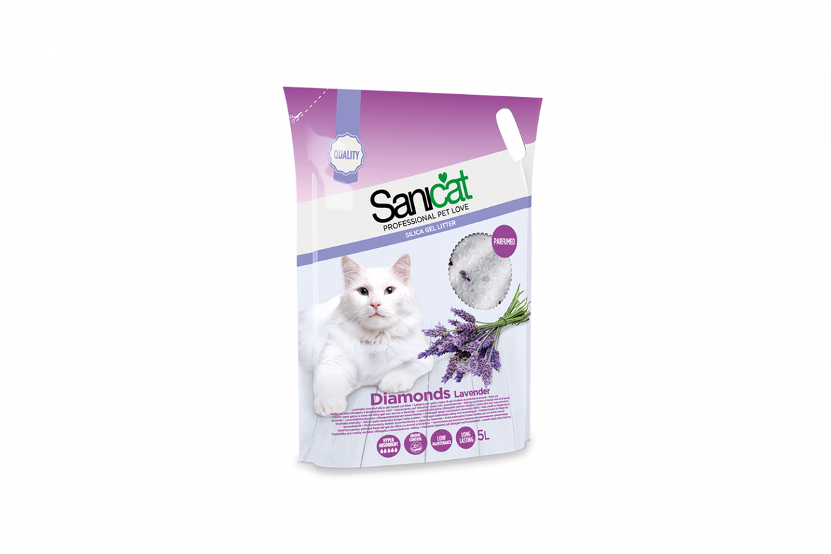 Gabbia di gatti Sanicat Diamonds Lavanda di AGRIAPPIA, pietre di lettiera profumate alla lavanda, con granulometria fine e design elegante.