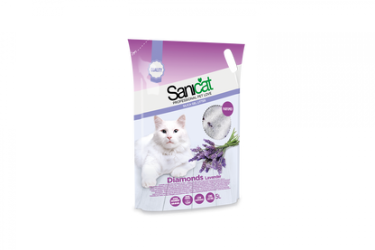 Gabbia di gatti Sanicat Diamonds Lavanda di AGRIAPPIA, pietre di lettiera profumate alla lavanda, con granulometria fine e design elegante.