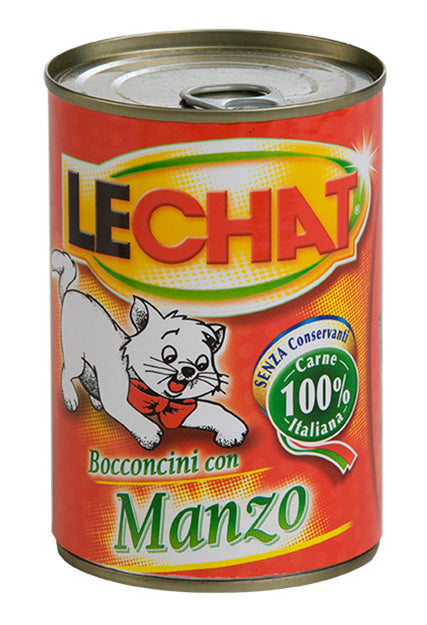 Cibo umido LeChat Adult Bocconcini con Manzo in porzioni, confezione con bocconcini di carne di manzo per gatti.