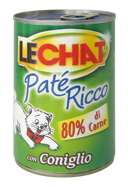 Umido per gatti LeChat Adult Paté Ricco con Coniglio, ciotola con pâté cremoso e pezzi di coniglio.