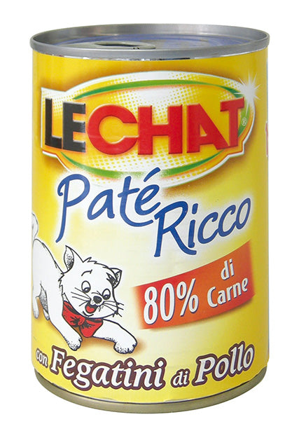 Cibo umido per gatti LeChat Adult Paté Ricco con Fegatini di Pollo, in confezione da 100g, con paté cremoso e fette di fegatini.