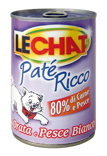Cibo umido LeChat Adult Paté Ricco con orata e pesce bianco, latte e proteine per gatti adulti, in scatola.