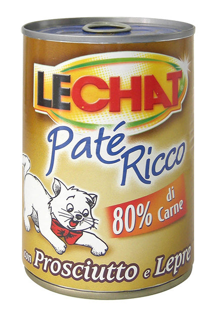 Cibo umido per gatti LeChat Ricco con Prosciutto e Lepre, vasetto di pâté per adulti, prodotto AGRIAPPIA