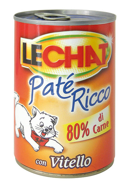 Crocchette umide LeChat Ricco con Vitello per gatti adulti, in scatola, con ingredienti di alta qualità.