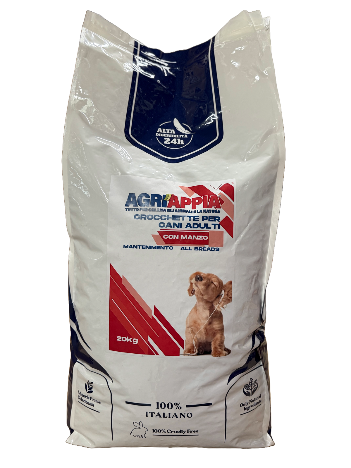 Crocchette Agriappia mantenimento al manzo per cani, confezione da 20kg, con crocchette marroni e forma naturale