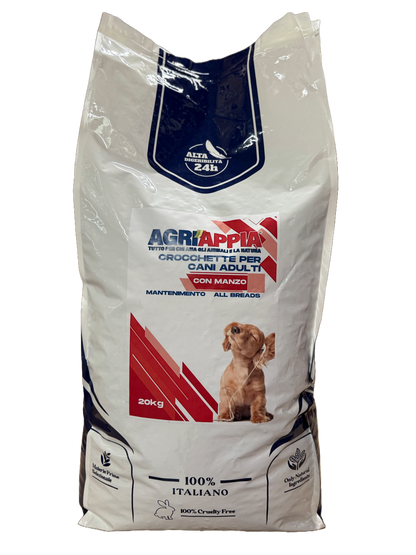 Crocchette Agriappia mantenimento al manzo per cani, confezione da 20kg, con crocchette marroni e forma naturale