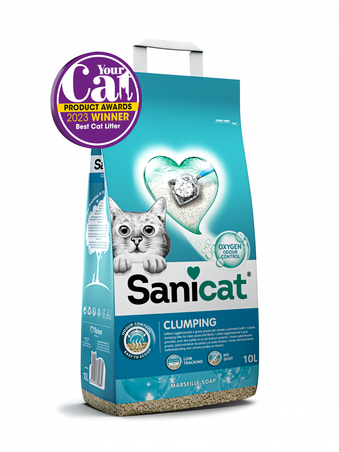 Lettiera Sanicat Agglomerante al Sapone di Marsiglia AgriaPPIA, granuli beige per gatti, visibile in primo piano.
