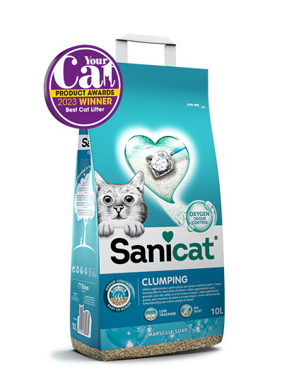 Lettiera Sanicat Agglomerante al Sapone di Marsiglia AgriaPPIA, granuli beige per gatti, visibile in primo piano.