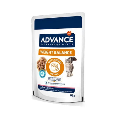 Gatto con ciotola di cibo Advance Weight Balance AGRIAPPIA, alimento umido per il controllo del peso, in scatola da 85 g
