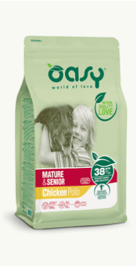 Cibo per cani AGRIAPPIA Oasy Mature & Senior Pollo in confezione da 3kg, con crocchette per cani anziani e maturi.